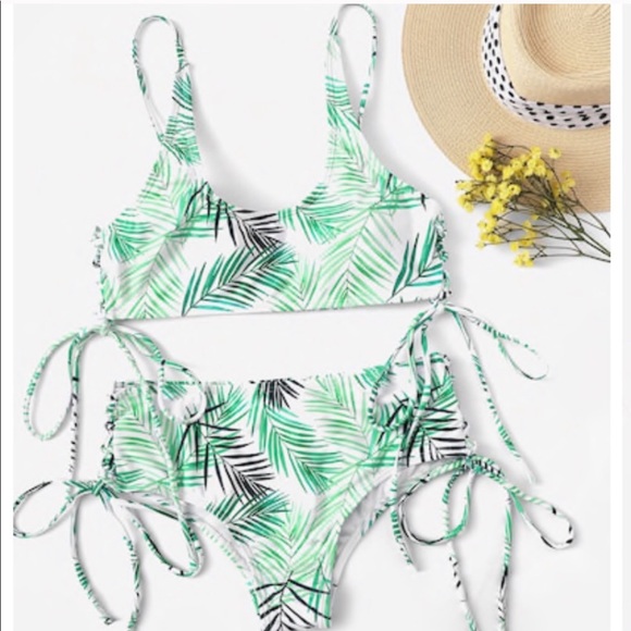 Tropical Leaf Side Tie High Waist Bikini Set - Picture 1 of 8